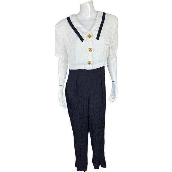 Vintage USA Petites Pantsuit Navy White Sailor Collar Gold Buttons Size 14 - Picture 1 of 12